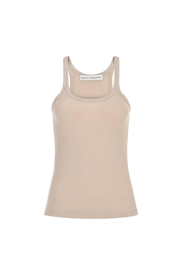 Beige Ribbed Strap Draped Tank Top