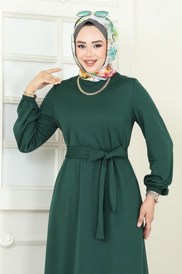Kemerli Scuba Elbise 444DVL817 Zümrüt - 4
