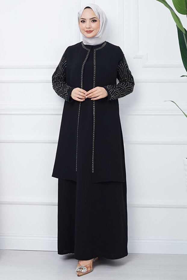 Plus Size Mother Dress with Stones Black Ss2349