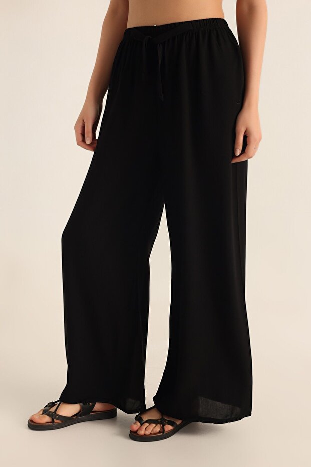 DOKUMA VİSKON LASTİKLİ PALAZZO CEPLİ PANTOLON SİYAH - 2