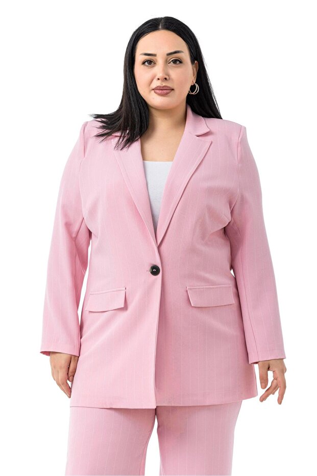 Plus Size Striped Pink Jacket Pants Double Suit - 2