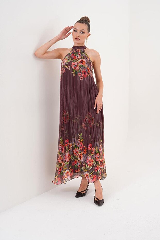 Halter Yaka Maxi Şifon Piliseli Kahverengi Elbise MCK5064 - 4