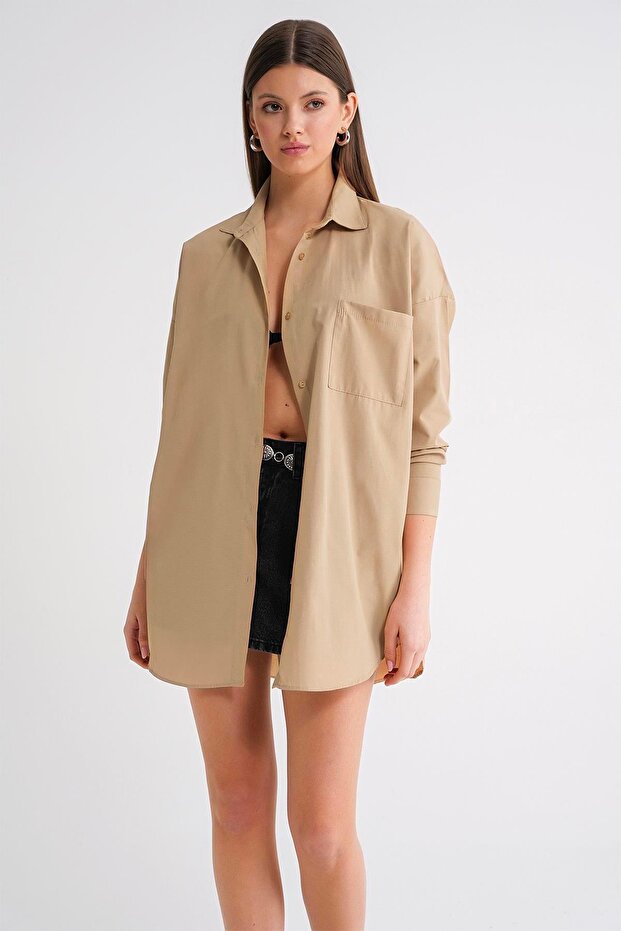 4053 Kadın Tek Cepli Oversize Basic Gömlek Bisküvi - 2