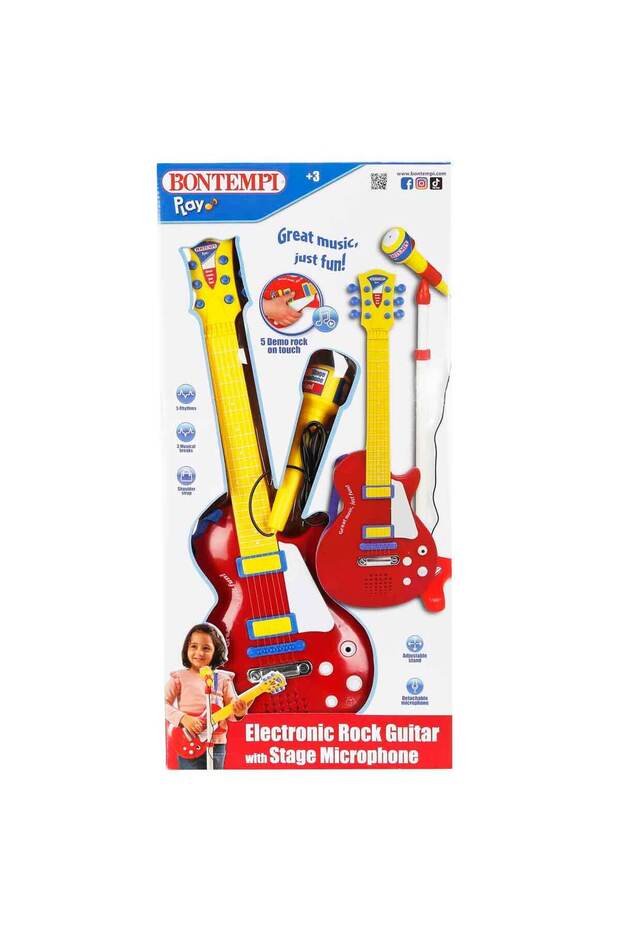 Ayaklı Mikrofonlu Kırmızı Elektronik Çocuk Rock Gitarı - 2