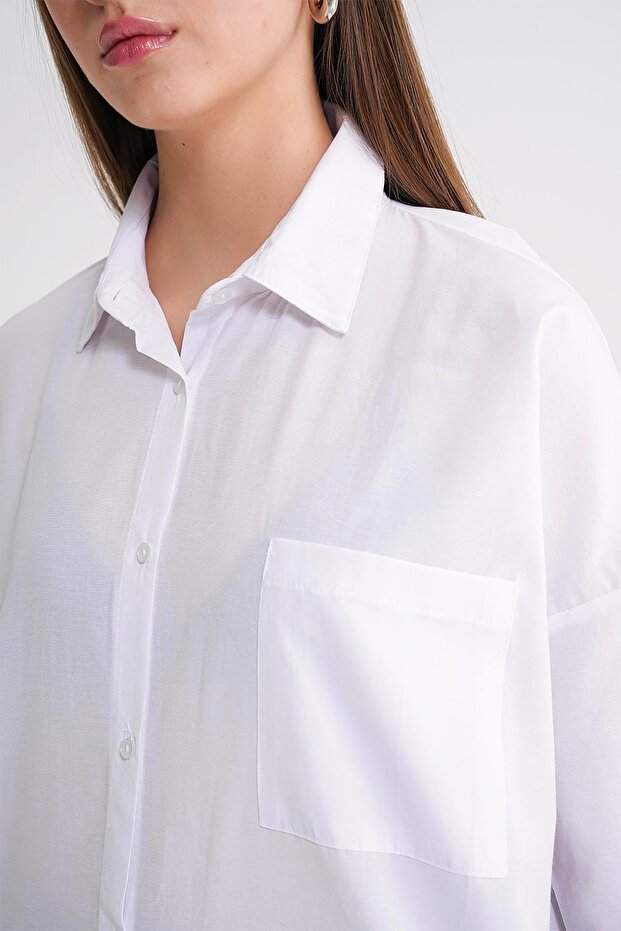 4053 Kadın Tek Cepli Oversize Basic Gömlek Beyaz - 6
