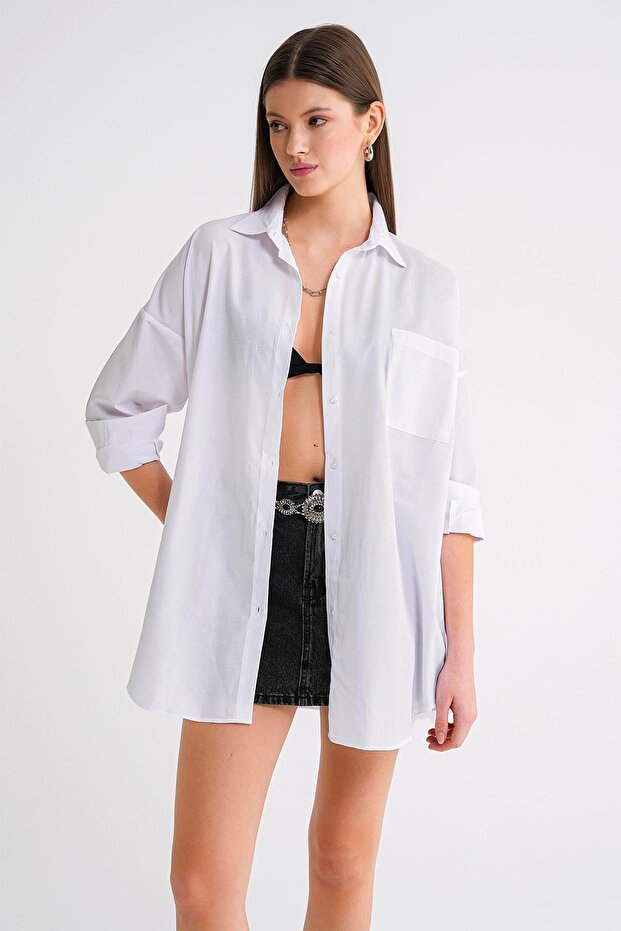 4053 Kadın Tek Cepli Oversize Basic Gömlek Beyaz - 4