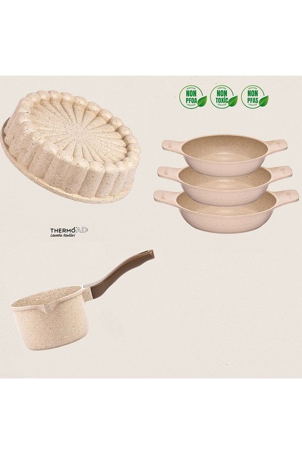| 5 Parça Set | Güveç Sahan Set - Tart Kek Kalıbı - Sütlük | Vizon - 1