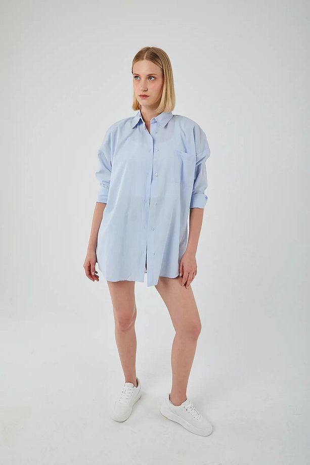4053 Kadın Tek Cepli Oversize Basic Gömlek Bebe Mavi - 3