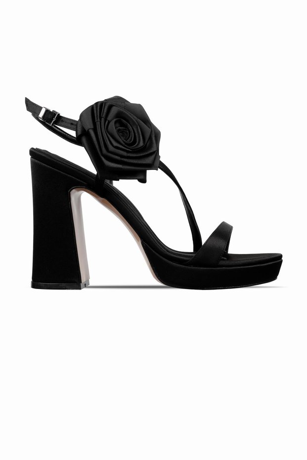 Mony Women's Cross Strap Rose Detailed Thick Heeled Evening Dress Shoes 4071