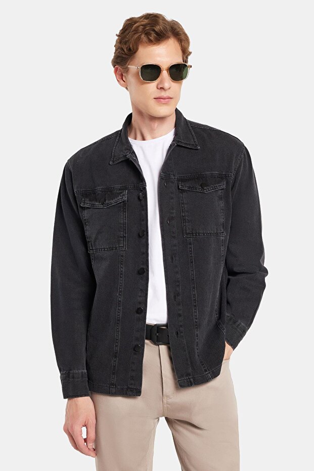 Men's Relax Fit Relaxed Cut Denim Snap Long Sleeve Denim Jacket Black Shirt