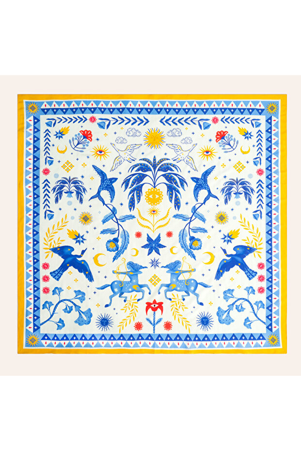 Pera Digital Printed Cotton Cotton Silk Pareo 140X140 cm White - Blue