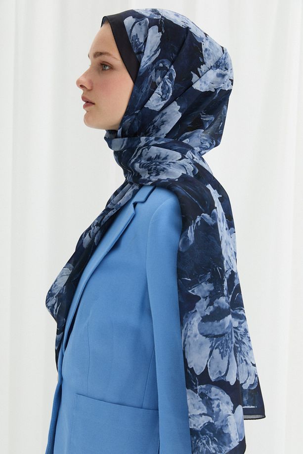 Aura İpek Krep Şal - Lacivert - 4