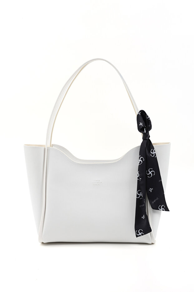 White Shk240 Faux Leather Zippered Single Compartment Hand, Arm and Shoulder Bag with Scarf Gift