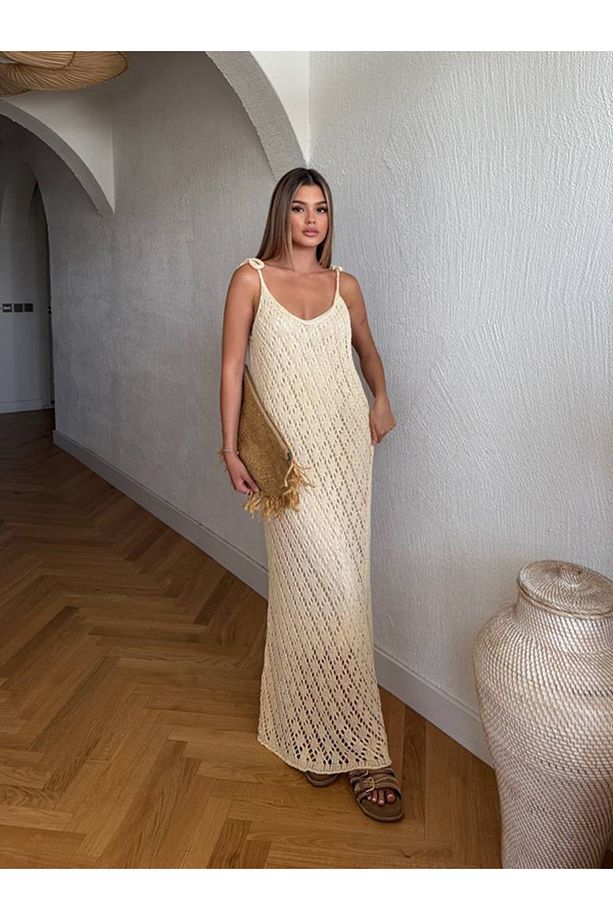 Lydia Merserize Kroşe Örgü Ekru Elbise - 4