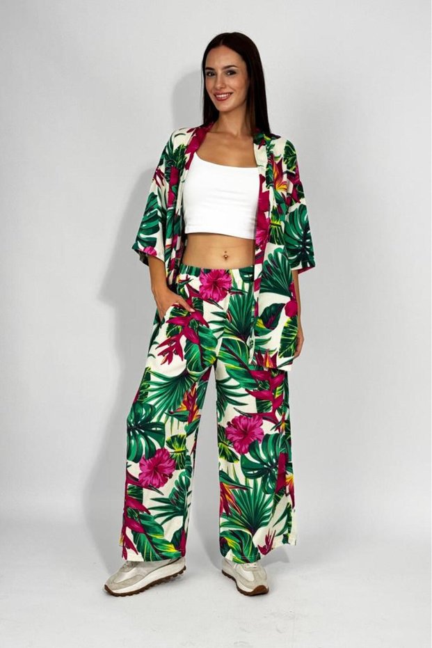 Woven Viscose Relaxed Cut Kimono Bottom Long Suit Green