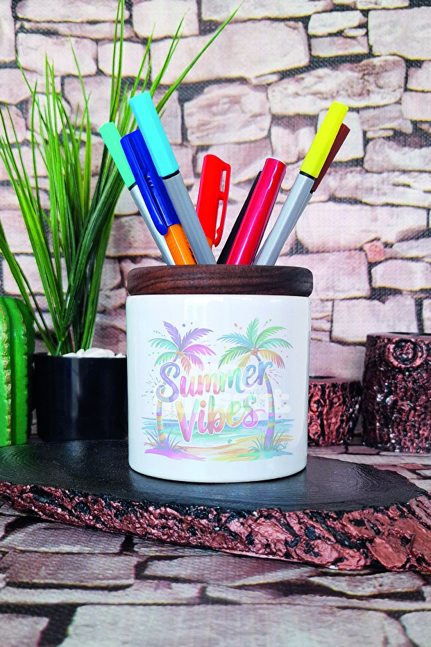 حامل أقلام سيراميك مطبوع عليه نخيل ملون من Summer Vibes منظم سطح المكتب