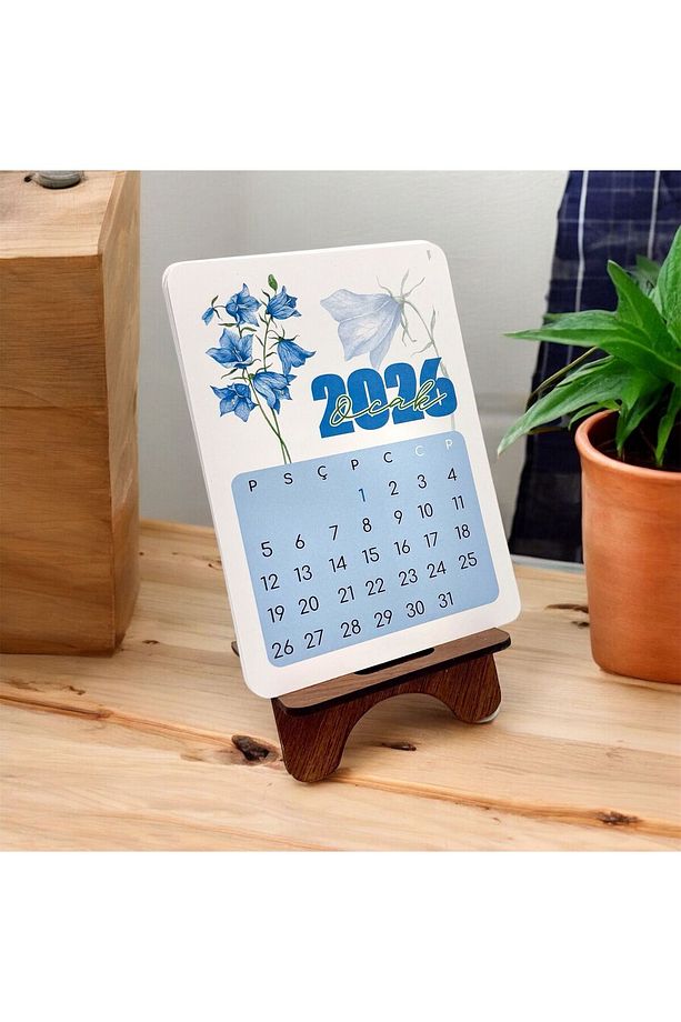 2026 Takvim - Çiçek Desenli Standlı Masaüstü Takvim- Ahşap Telefon Tutucu - 1