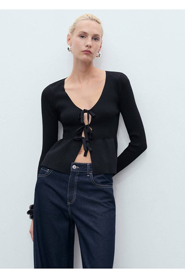 Bağ detaylı triko hırka - 1