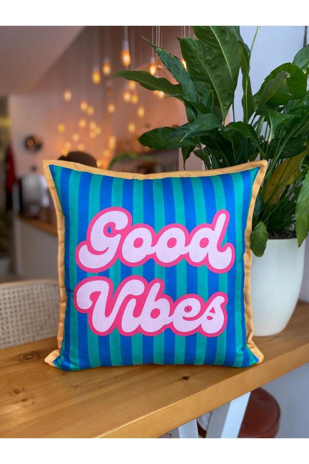 Good Vibes Written Striped Double Sided Decorative Suede Throw Pillow Cover - Throw Pillow Cover - 43X43Cm
