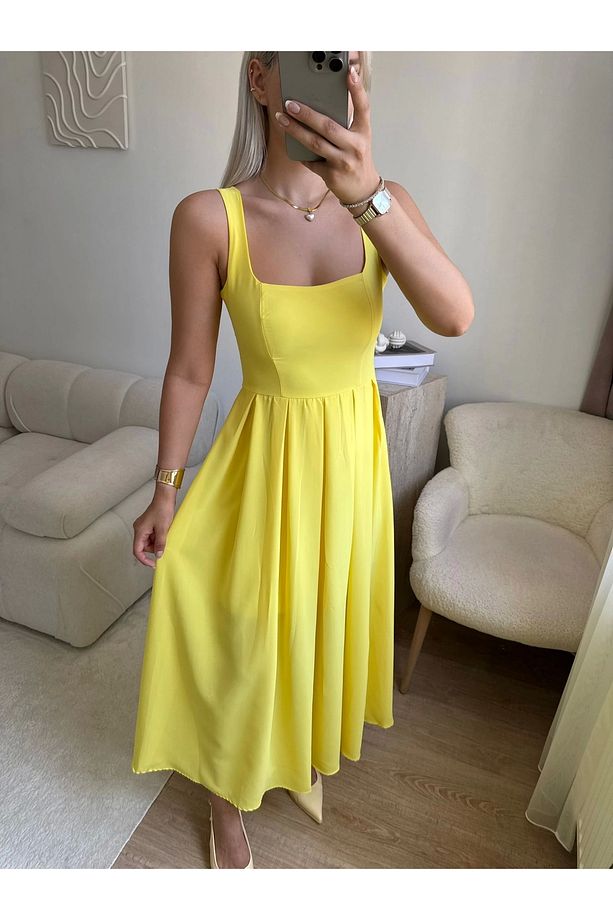 Valeria Kare Yaka Midi Elbise - SARI - 7