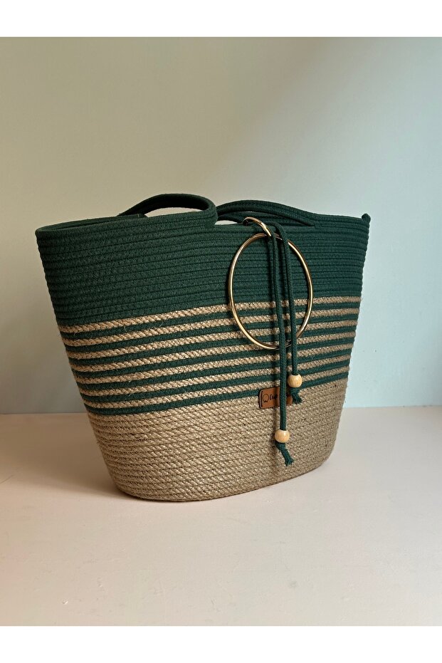Steel Gold Ring Beach Bag / Green and Straw Women's Shoulder Bag