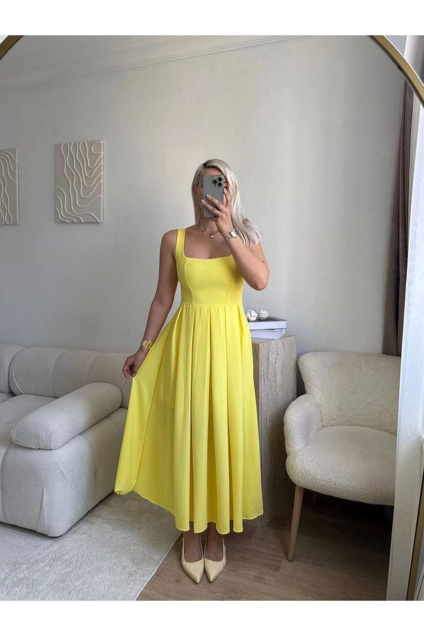 Valeria Kare Yaka Midi Elbise - SARI - 5