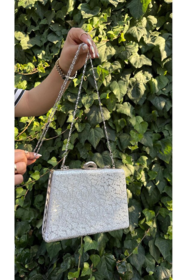 Silver Patterned Evening Bag-15 - 5