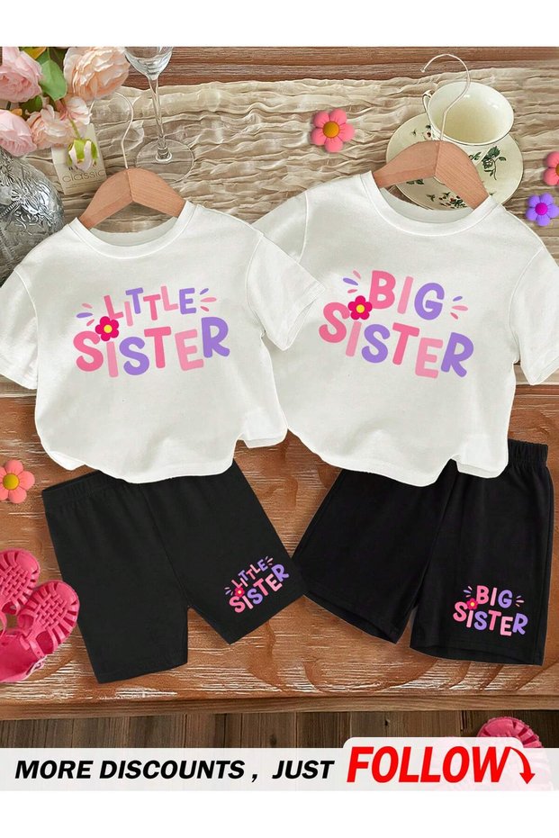 Sister Combination T-Shirt Set T-Shirt Twin Girl Child Sister Big Sister Little Sister (Single Price)