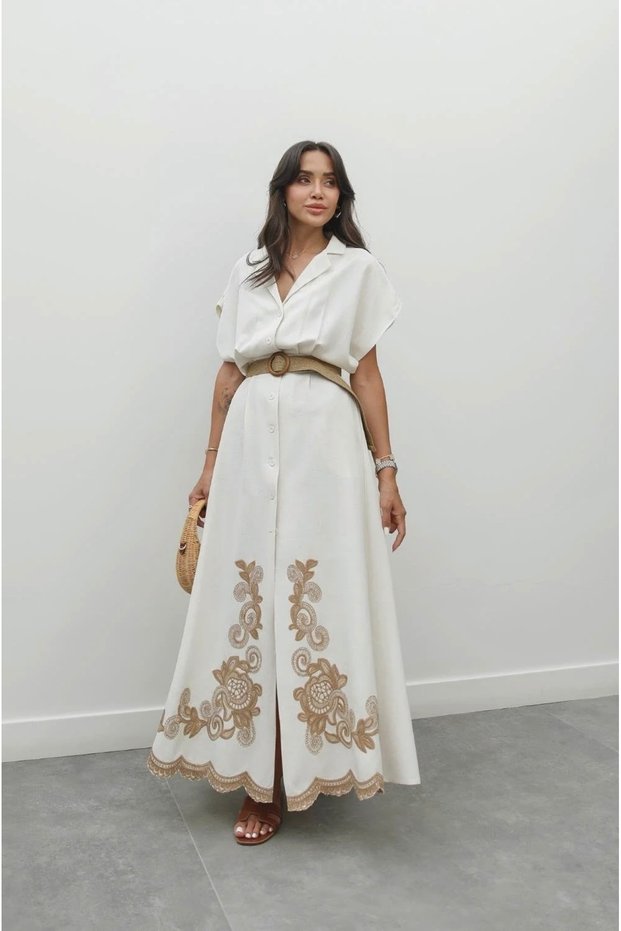 Women's Cream Belt Detailed Floral Embroidered Maxi Dress
