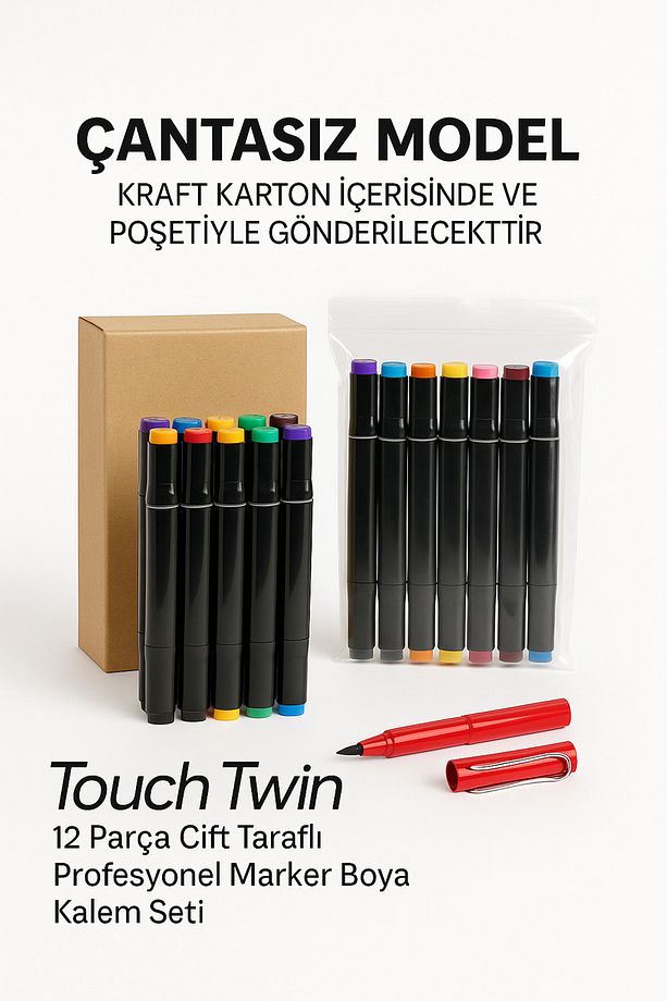 Touch Twin 1.kalite 12 Parça Çift Taraflı Profesyonel Marker Boya Kelem Seti Çantasız Kalem Hediyeli - 2