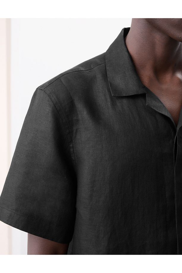 Saf Keten Herringbone Cuban Kısa Kollu Gömlek - 4
