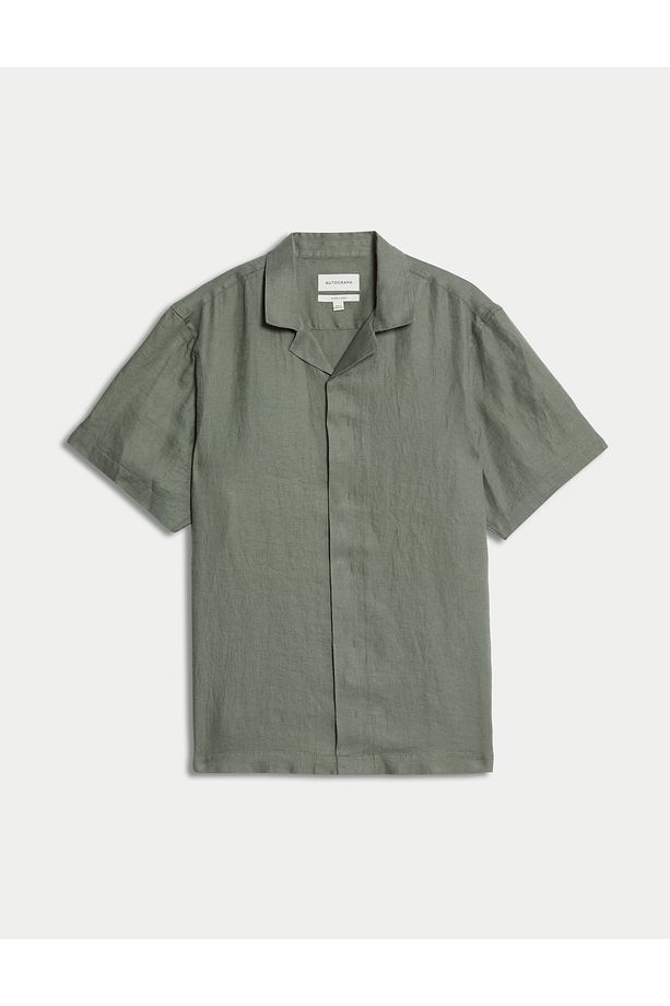 Saf Keten Herringbone Cuban Kısa Kollu Gömlek - 5