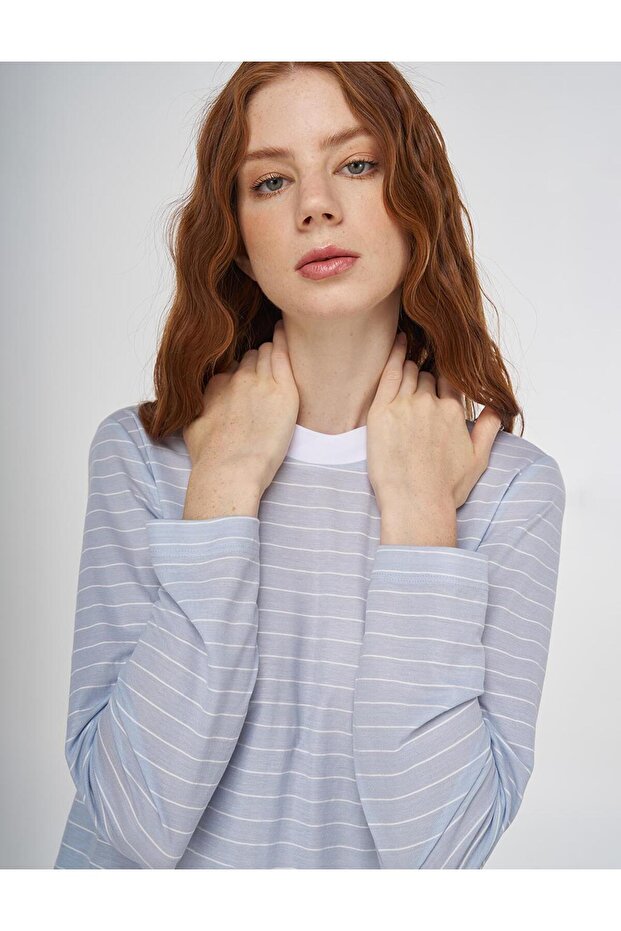 Çizgi Desen Örme Sweatshirt Açık Mavi - 7