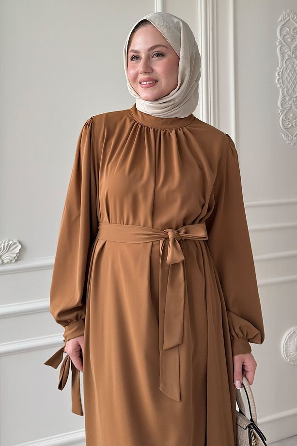 Kolu Kuşak Bağlamalı Camel Elbise - 3