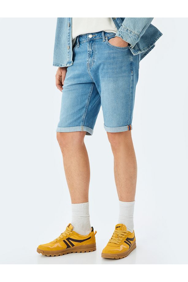 Katlamalı Paça Bermuda Slim Fit Jean Şort - 3