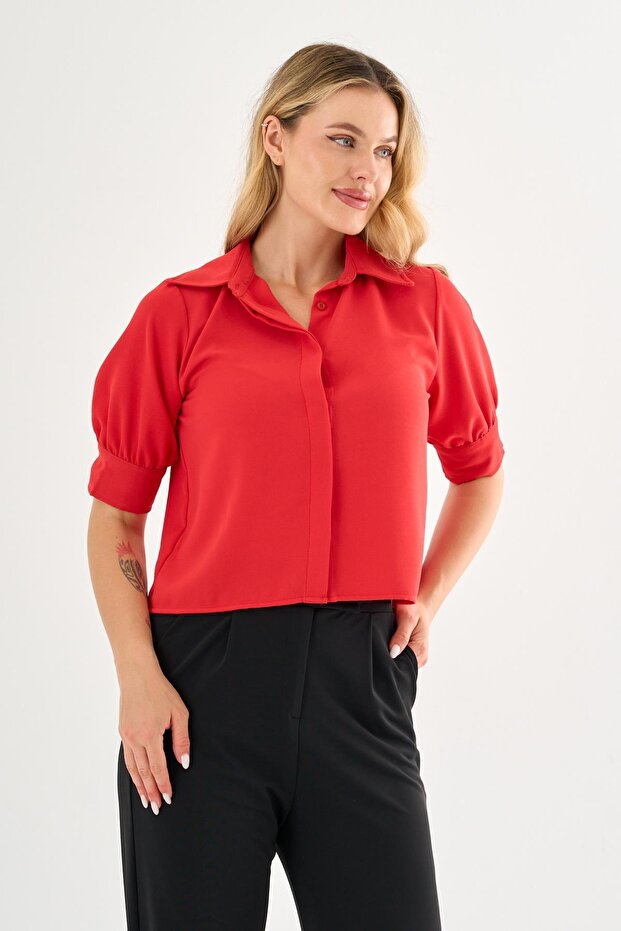Short Shirt with Hidden Button Sleeve Detail
