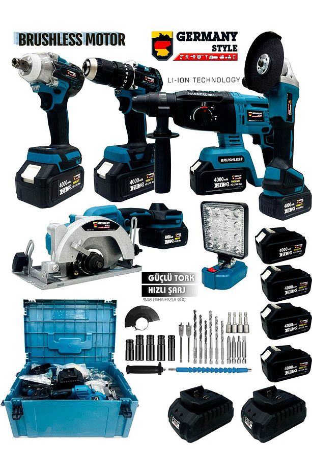 Şarjlı Pro 6'lı Makine Seti Matkap Led Lamba Daire Testere Taşlama Hilti Somun Sökme - 1