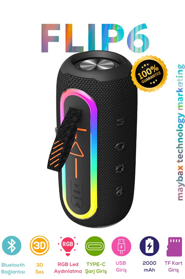 FLIP6 RGB Led Işıklı Dayanıklı Ses Bombası Usb Sd Aux Fm Radyo Kablosuz Bluetooth Hoparlör - 8