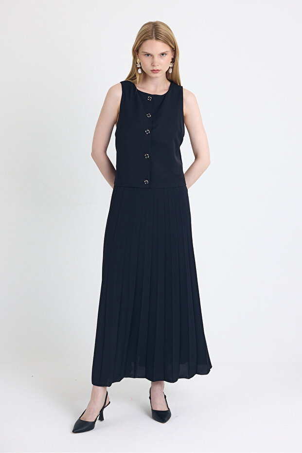 فستان مطوي بأزرار أمامية باللون الأسود 251627 - 6