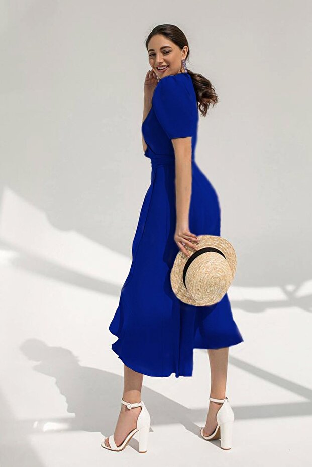 Valonlu Kuşaklı Midi Kısa Kol Elbise - 3