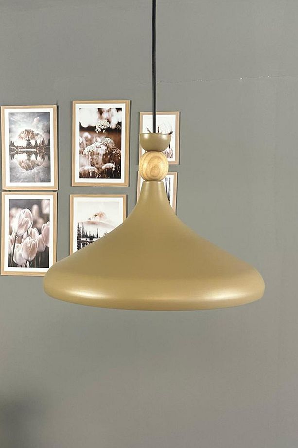 Bej Ahşap Şapka Tekli Avize Sarkıt Salon Mutfak Cafe Butik Lamba Aydınlatma Avizeler - 1