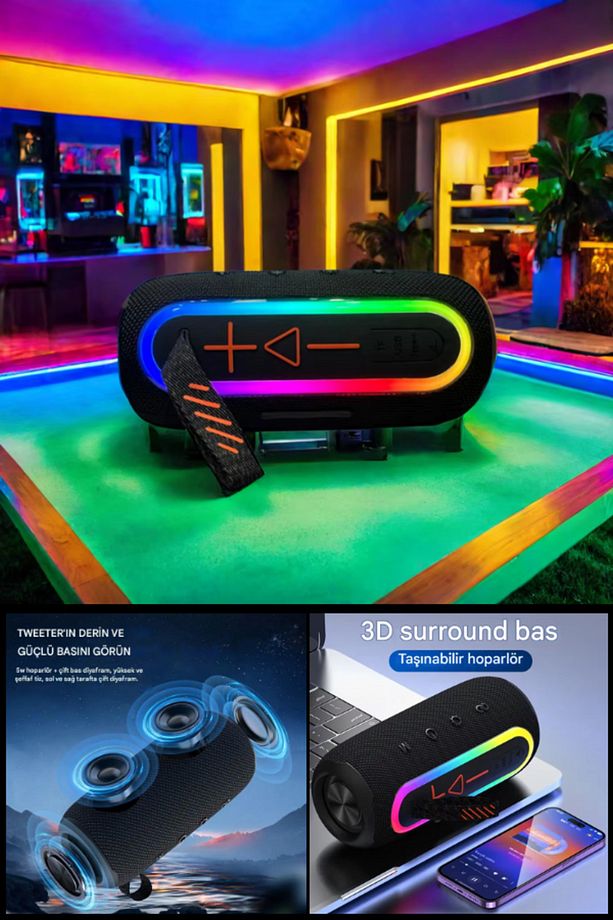 FLIP6 RGB Led Işıklı Dayanıklı Ses Bombası Usb Sd Aux Fm Radyo Kablosuz Bluetooth Hoparlör - 3