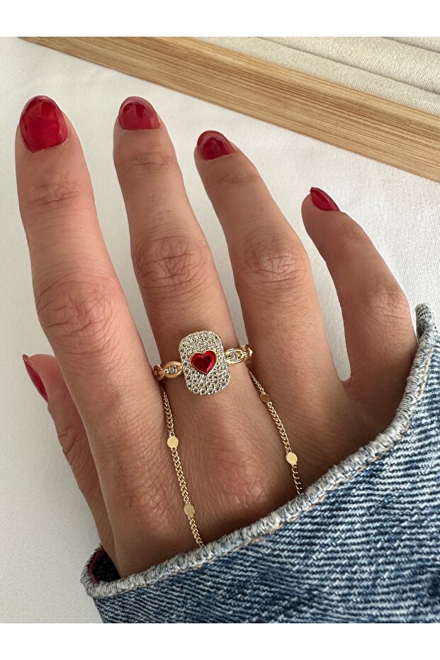 خاتم على شكل قلب أحمر ذهبي - 4