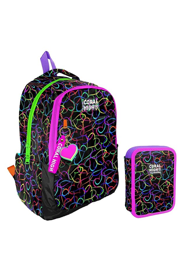 Heart Printed Black Pink Girl's School Bag and Organizer Pen Holder Set 23670+11145