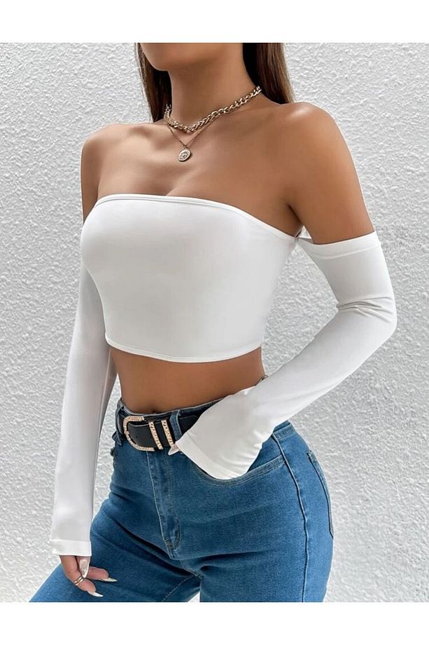 Kadın 3'lü Paket Fitilli Vücuda Yapışan STRAPLEZ KOLLU Crop Basıc bluz - 5