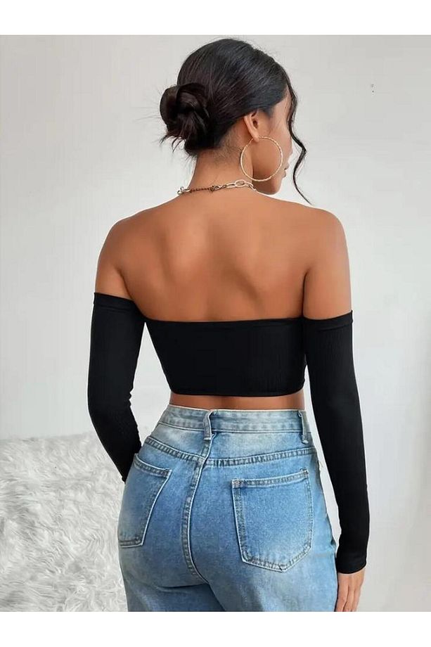 Kadın 3'lü Paket Fitilli Vücuda Yapışan STRAPLEZ KOLLU Crop Basıc bluz - 8