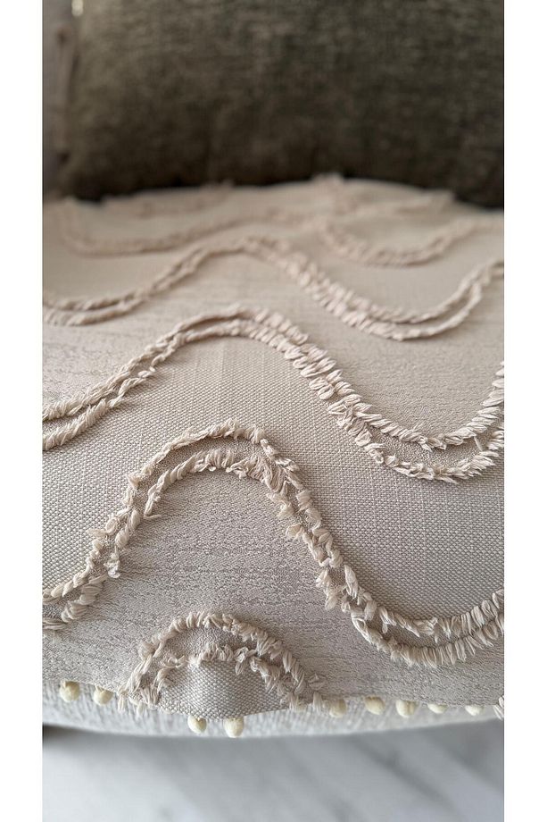 Oturma Yerini Kapatan Dalgalı Ponponlu Koltuk Örtüsü | Berjer Örtüsü 70x95 Cm Vizon - 4