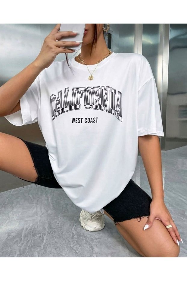 California West Coast Printed White Oversize Cotton Tshirt Unisex