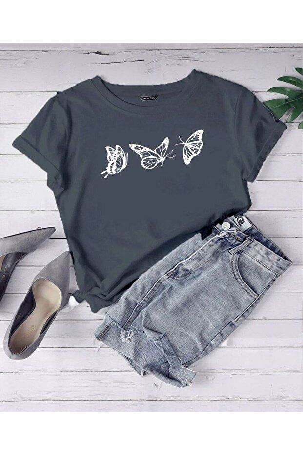 Butterflies Printed Smoked Oversize Cotton Tshirt Unisex
