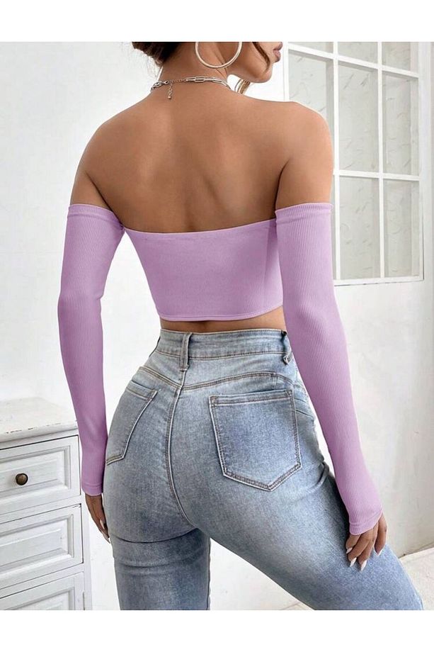 Kadın 3'lü Paket Fitilli Vücuda Yapışan STRAPLEZ KOLLU Crop Basıc bluz - 6